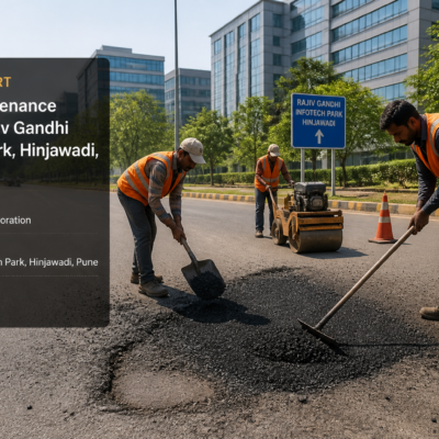 Road repair work with workers filling potholes inside Rajiv Gandhi Infotech Park Hinjawadi, Pune under Maharashtra government tender