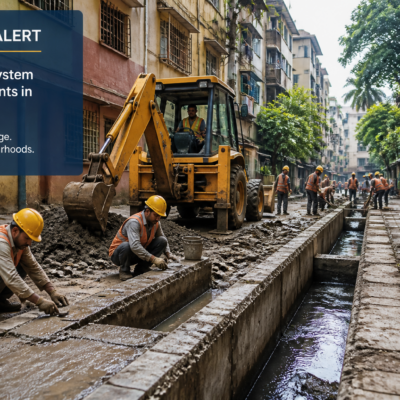 Workers improving drainage and passage system in K West Ward, Andheri Mumbai