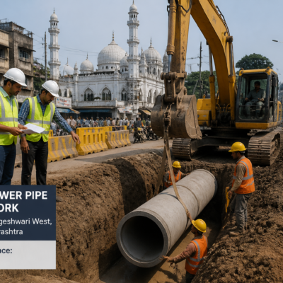 Workers laying 300mm sewer pipe in an urban Mumbai street near Badi Masjid, Jogeshwari West, Maharashtra