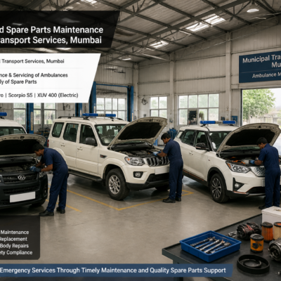 Ambulance vehicles including M M Supro, Scorpio S5, and XUV 400 EV models maintained inside Mumbai municipal ambulance garage