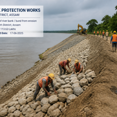 Civil engineering workers reinforcing the Dehing river bund embankment in Assam