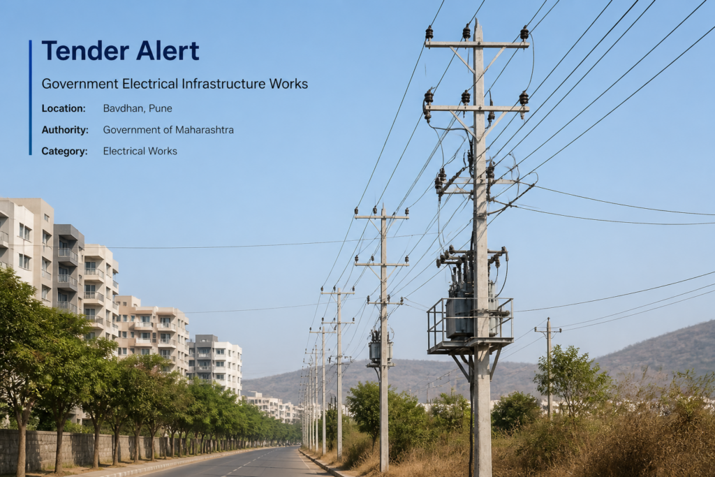Electrical poles and cables in residential Madhil Bhusari Colony, Pune, representing government electrical works tender