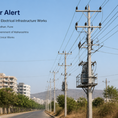 Electrical poles and cables in residential Madhil Bhusari Colony, Pune, representing government electrical works tender