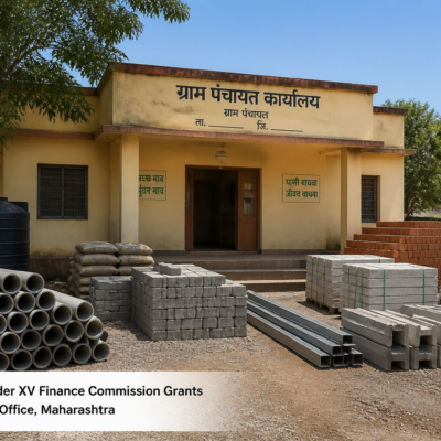 Cover image of Maharashtra rural Gram Panchayat office with stacks of materials representing government supply tender at Dharna village