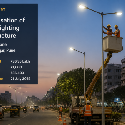 Well-lit urban street in Pune's Shivajinagar showing installed street lighting infrastructure