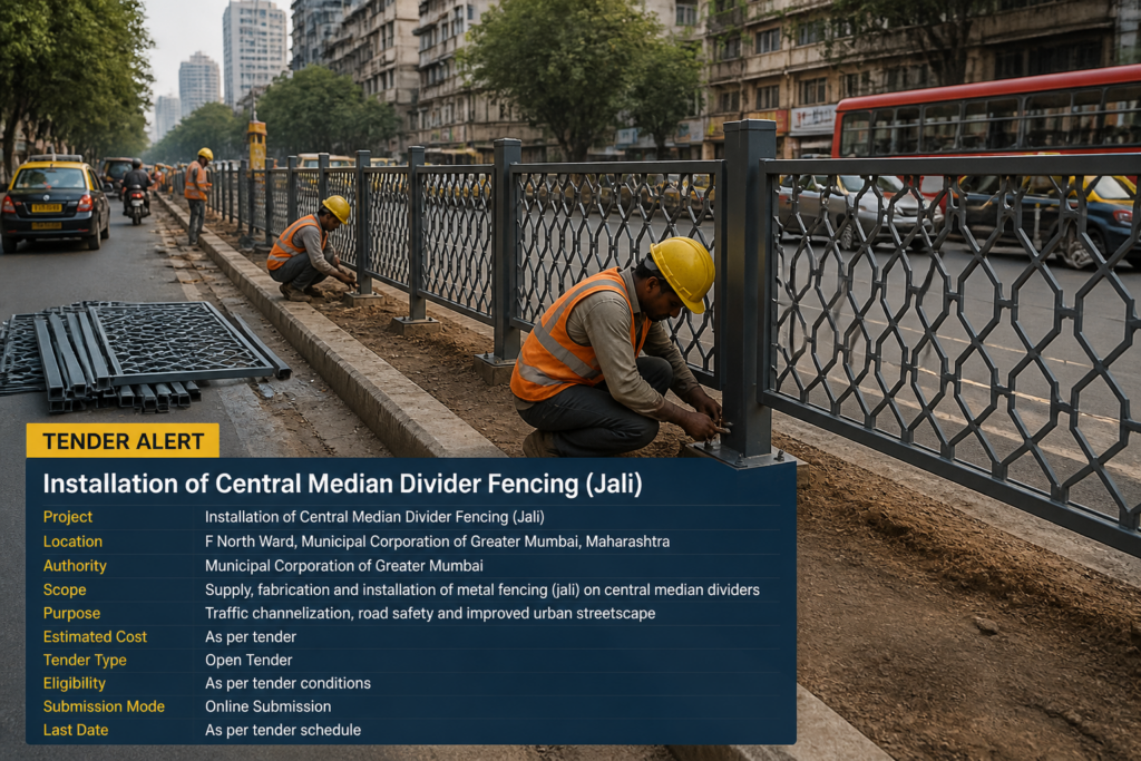 Central median divider fencing installation along urban road in Mumbai’s F North Ward