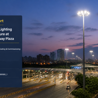 Highmast lighting poles illuminating a highway plaza area in Pune reflecting electrical infrastructure improvement