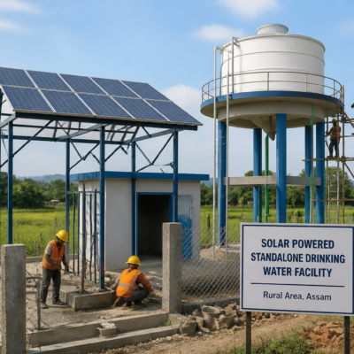 Solar powered standalone drinking water facility construction site in rural Assam featuring solar panels and civil works
