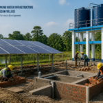 Construction of solar powered drinking water facility in rural Assam with solar panels and water tanks.