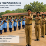 Students receiving military and band squad training at a Maharashtra tribal ashram school outdoors under government program