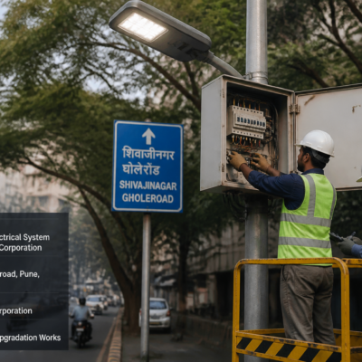 Street lighting electrical repair work in Pune Zone 2 Shivajinagar urban area by municipal workers