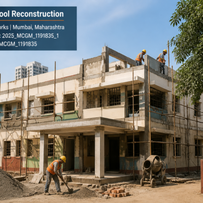 Balwadi B129 reconstruction civil works at Mumbai municipal site showing building and workers