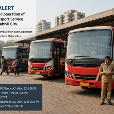 Public transport buses parked at Kalyan Dombivli municipal bus stand with drivers and conductors preparing for service