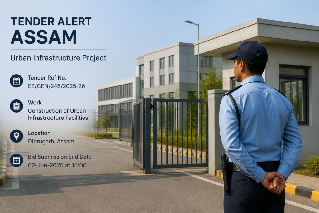 Security personnel guarding Government of Assam urban infrastructure site at WAMUL