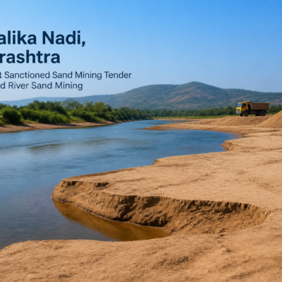 Sand mining site at Kundalika Nadi riverbank reflecting government sanctioned mining auction in Raigad Maharashtra