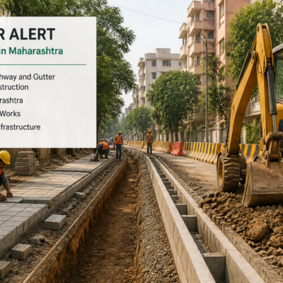 Construction site of gutter and pedestrian pathway in Manpada Ward 3(B) under Maharashtra Public Works Department tender
