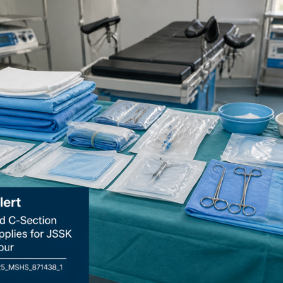 Sterile hospital delivery and cesarean section kits arranged in a clinical healthcare setting representing medical consumable procurement under NHM Manipur
