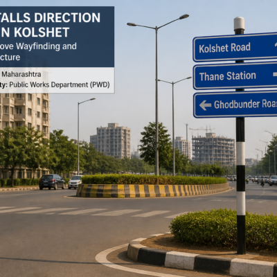 Direction boards installed on urban street poles in Kolshet area, Maharashtra, showcasing civil infrastructure improvement.