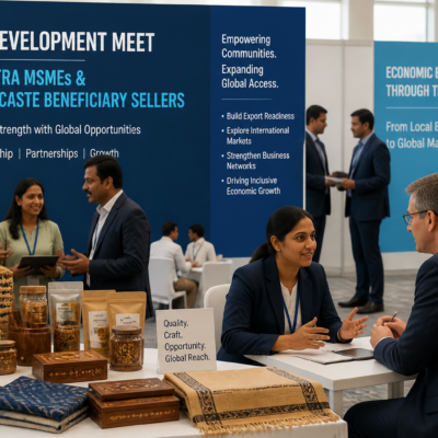 Export Development Meet event with Maharashtra Scheduled Caste MSMEs connecting to global buyers, showcasing professional agency facilitation