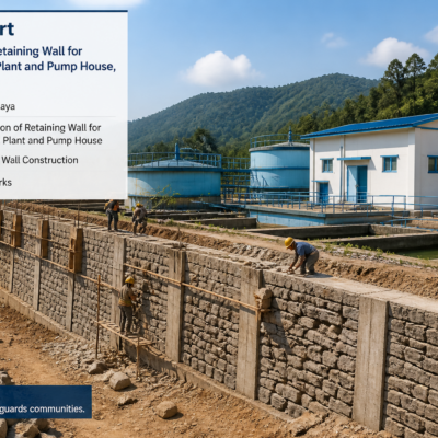 Retaining wall construction work protecting water supply infrastructure in Khliehrangnah, Meghalaya