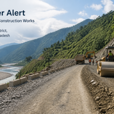 Rural civil works construction in Arunachal Pradesh’s Shi-Yomi District with road building activity visible in hilly terrain