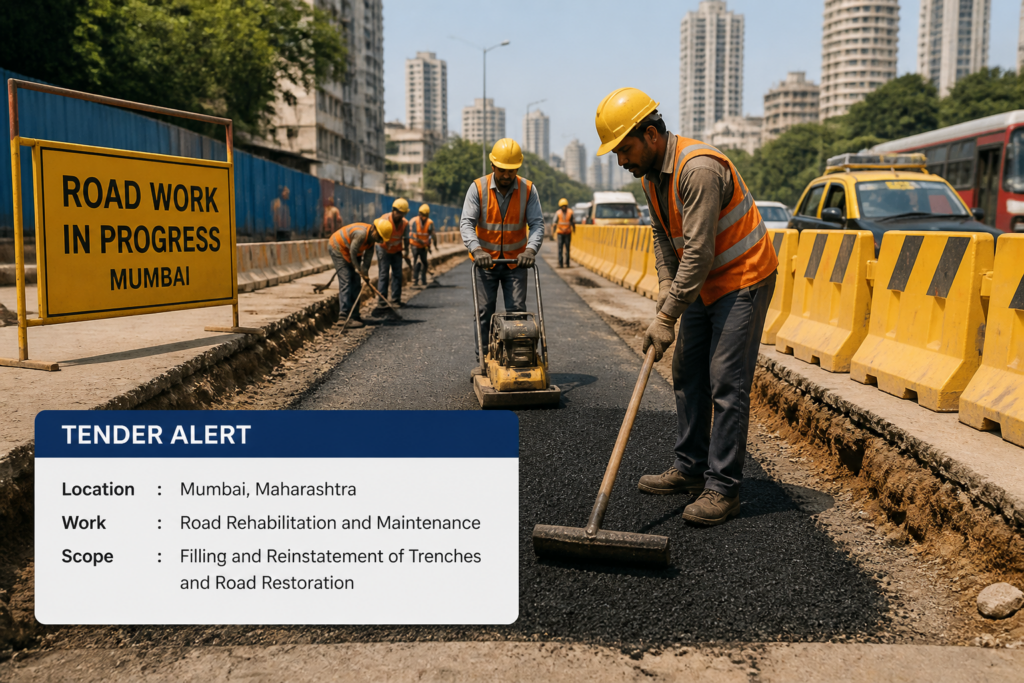 Municipal workers reinstating trenches on Mumbai city road under government tender for trench repairs in Zone IV