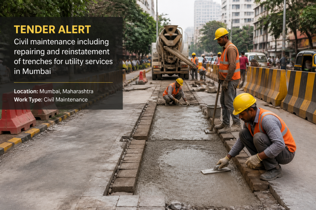 Road maintenance workers reinstating utility trenches on a Mumbai city road under municipal civil works tender