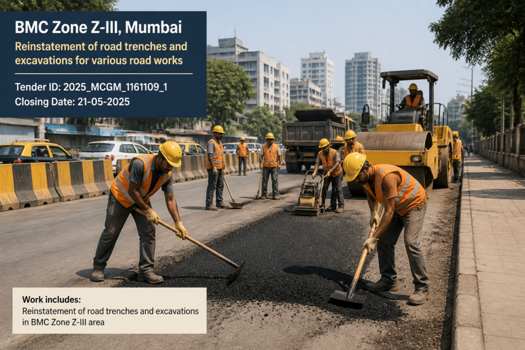 Civil works crew reinstating road trenches in Mumbai BMC Zone Z-III for municipal road maintenance