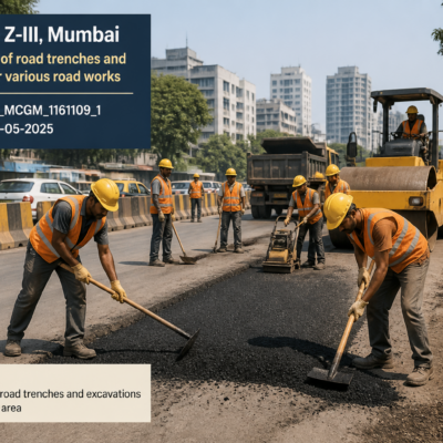Civil works crew reinstating road trenches in Mumbai BMC Zone Z-III for municipal road maintenance