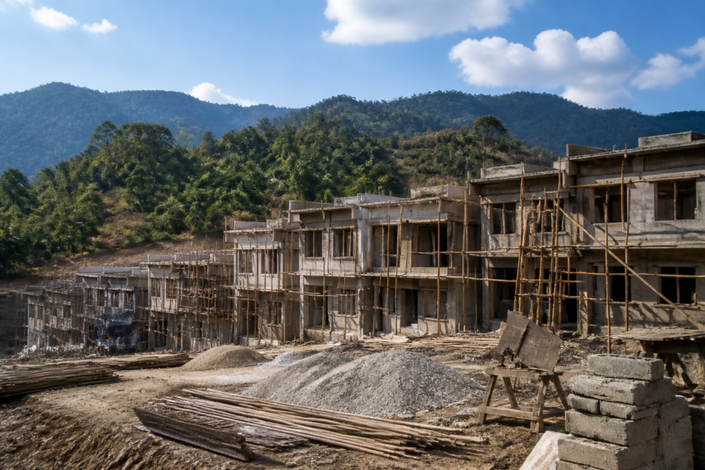 Construction site of a government T-IV type quarter building for police in Arunachal Pradesh with workers and scaffolding
