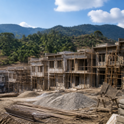 Construction site of a government T-IV type quarter building for police in Arunachal Pradesh with workers and scaffolding