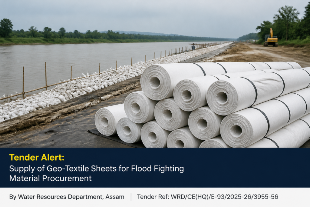 Geo-textile sheets at a river embankment construction site for flood fighting procurement in Assam