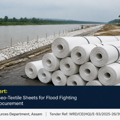 Geo-textile sheets at a river embankment construction site for flood fighting procurement in Assam