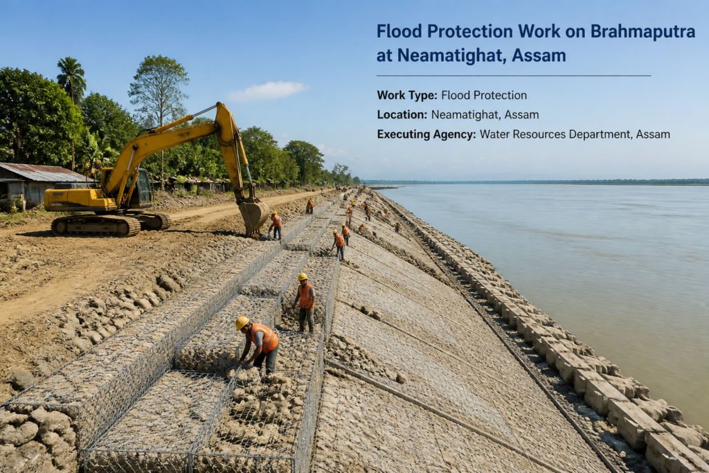 Construction site showing flood protection civil works on Brahmaputra river embankment at Neamatighat, Assam