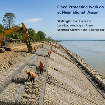 Construction site showing flood protection civil works on Brahmaputra river embankment at Neamatighat, Assam