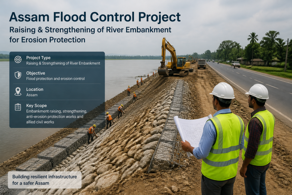 Photorealistic image of Noanadi river embankment strengthening and anti-erosion civil works in Assam near NH15