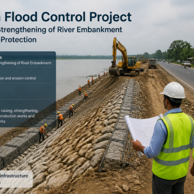 Photorealistic image of Noanadi river embankment strengthening and anti-erosion civil works in Assam near NH15