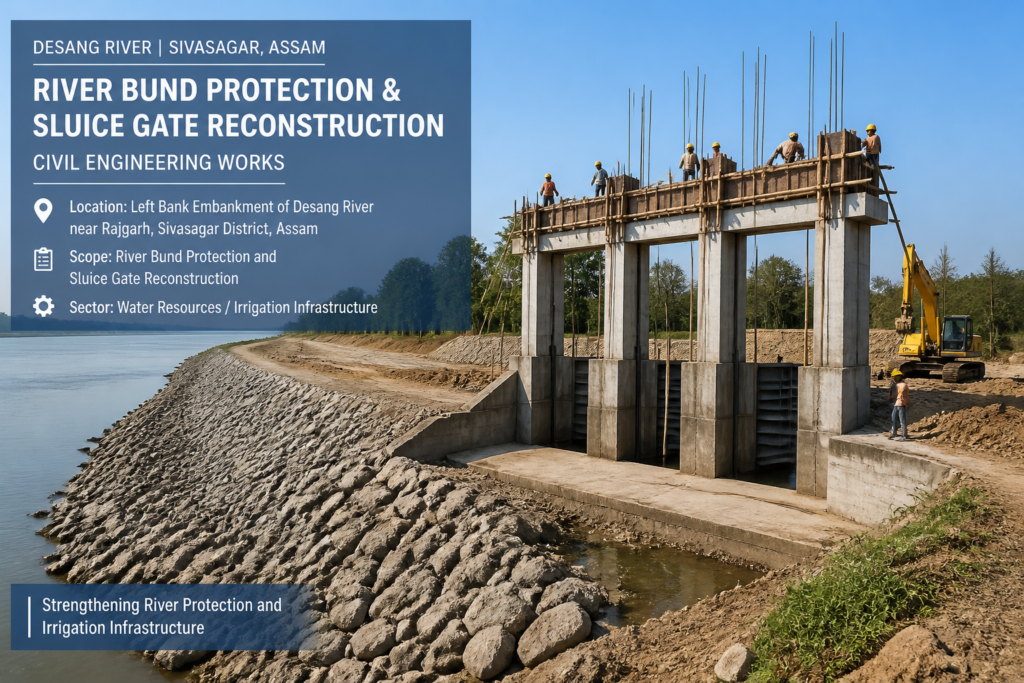 Civil engineering works on Desang bund left bank with sluice gate reconstruction in Sivasagar district, Assam
