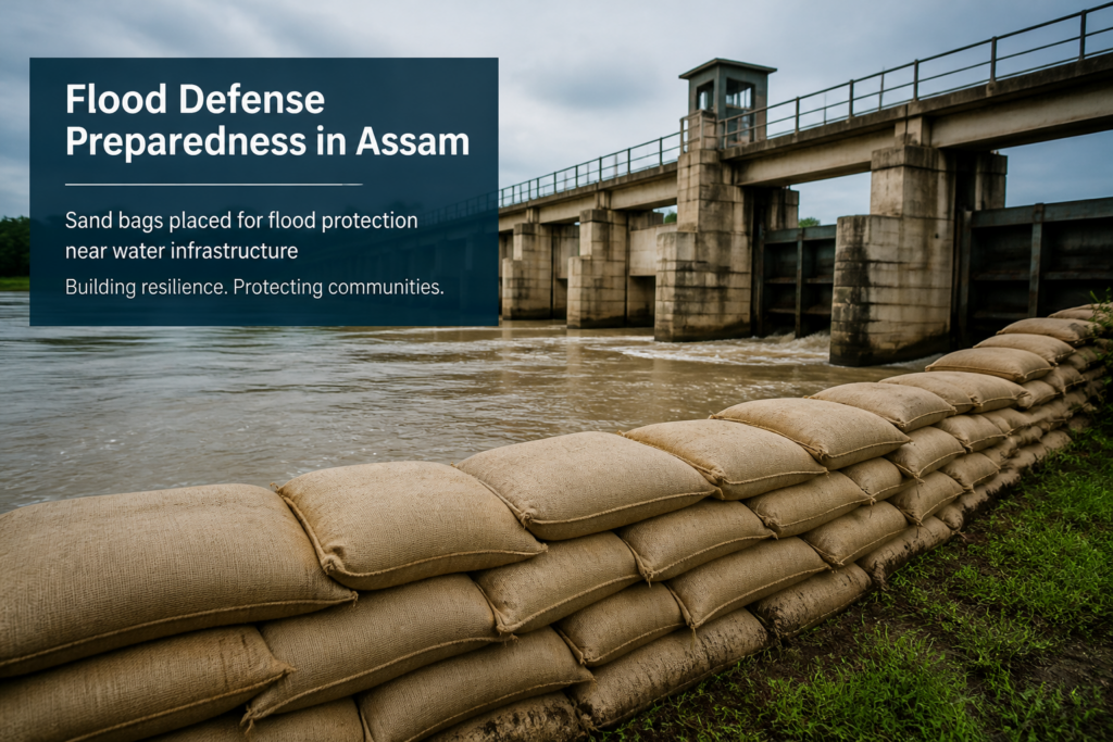 Sand bags stacked for flood fighting near water resource infrastructure in Assam for tender supply
