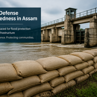 Sand bags stacked for flood fighting near water resource infrastructure in Assam for tender supply