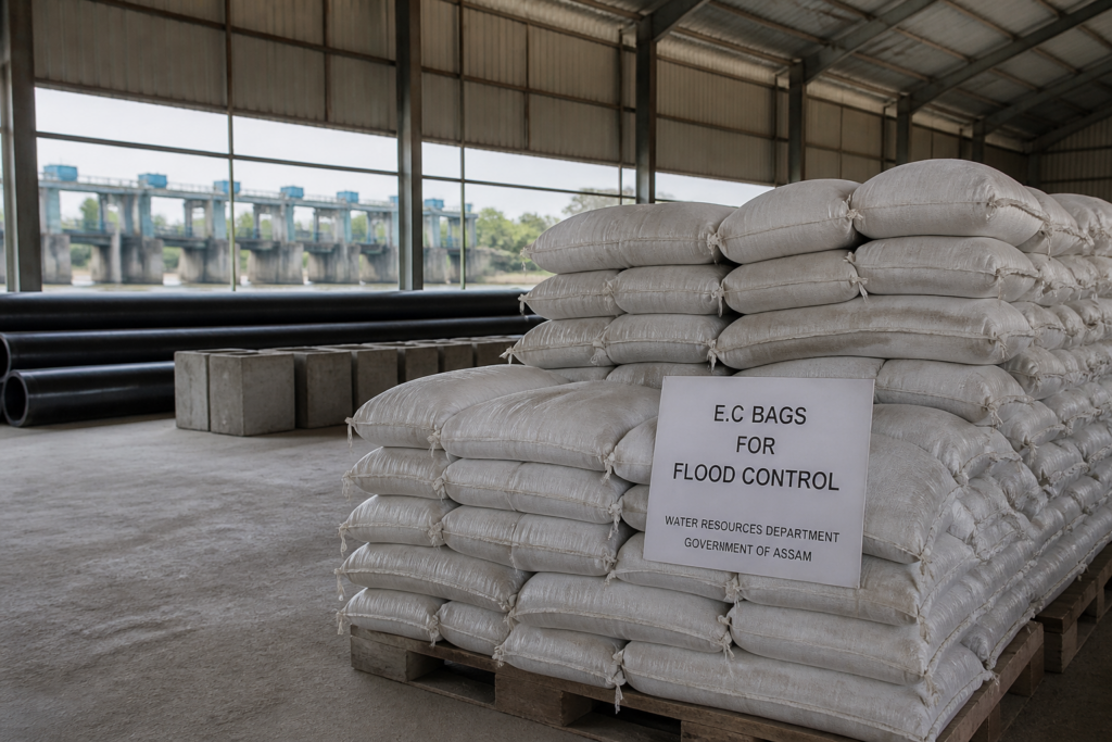 Flood fighting E.C Bags stacked in a warehouse illustrating Assam water resources flood procurement