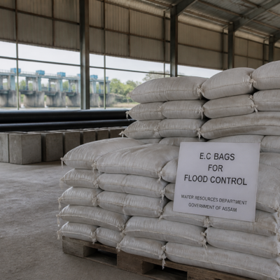 Flood fighting E.C Bags stacked in a warehouse illustrating Assam water resources flood procurement
