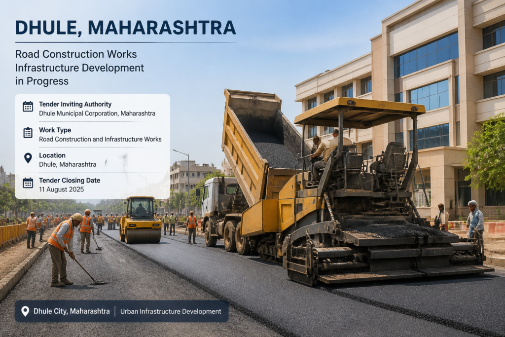 Road construction work in Dhule city under municipal tender for urban civil infrastructure development