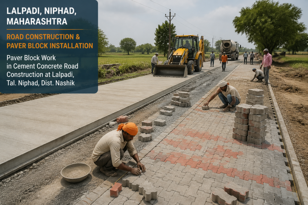 Road construction and paver block installation work underway at Lalpadi, Niphad, Maharashtra
