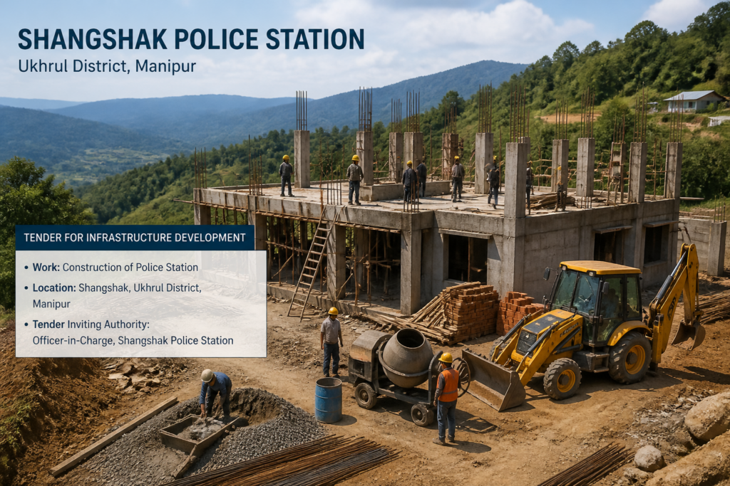 Construction site of police station infrastructure in Manipur during daylight, highlighting civil works project at Shangshak Police Station