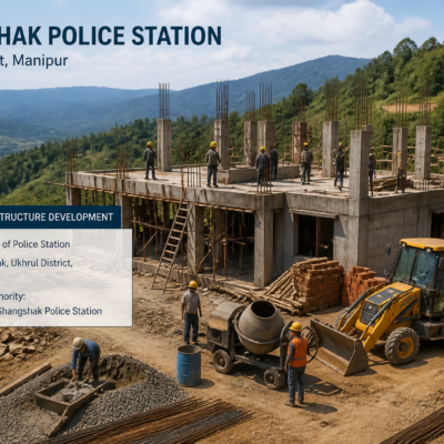 Construction site of police station infrastructure in Manipur during daylight, highlighting civil works project at Shangshak Police Station