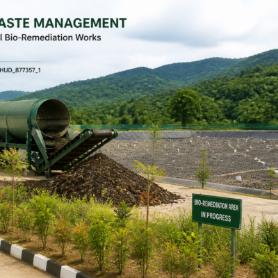 Bio-remediation civil works at Lamdeng Solid Waste Management Plant in Manipur showing sustainable waste treatment infrastructure