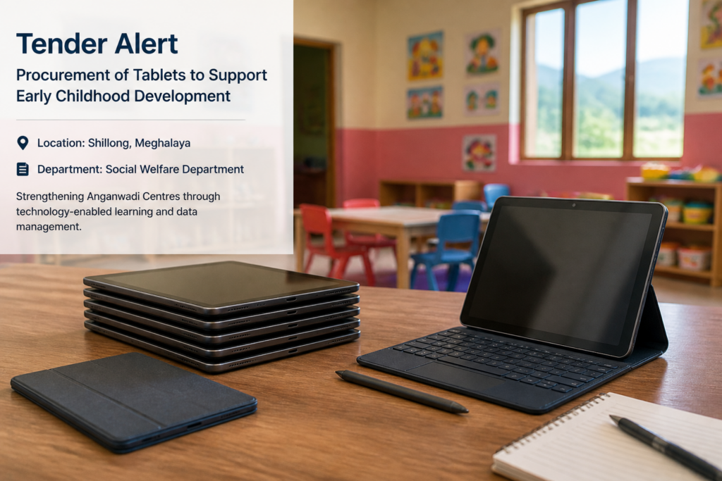 Tablet devices arranged on a table symbolizing Meghalaya government procurement for upgrading Anganwadi Centres