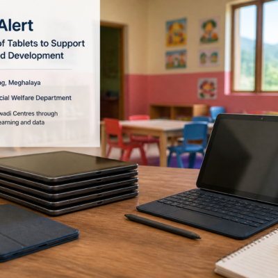 Tablet devices arranged on a table symbolizing Meghalaya government procurement for upgrading Anganwadi Centres