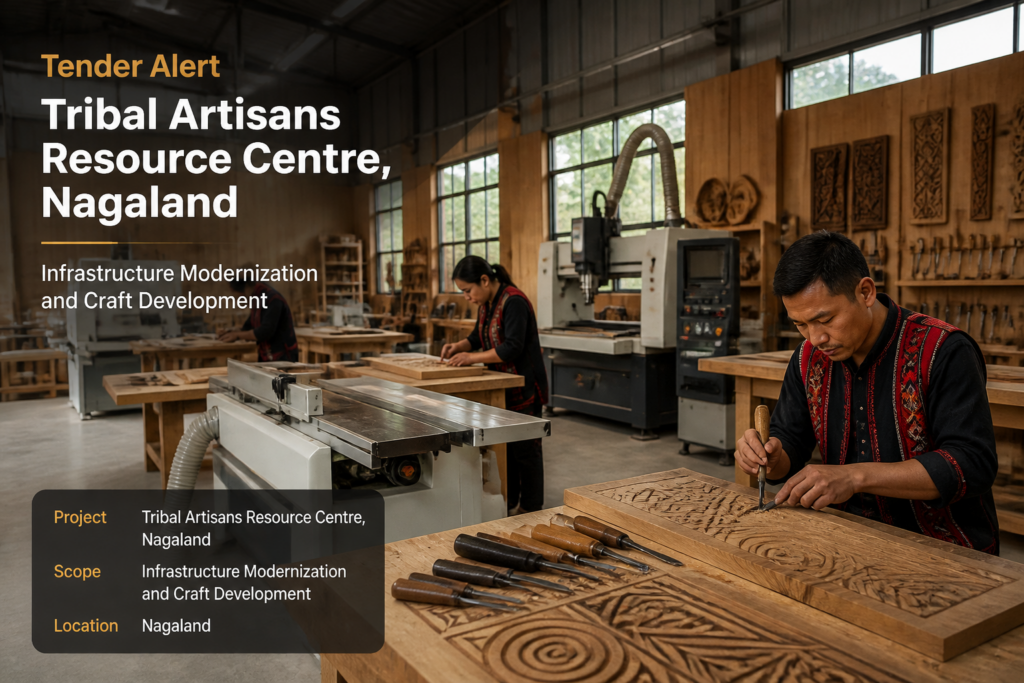Modern woodworking machinery in a workshop for Tribal Artisans Resource Centre in Nagaland